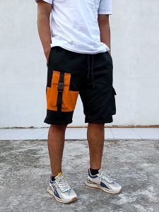 Celana cargo pendek pria pinggang rib karet multi pocket