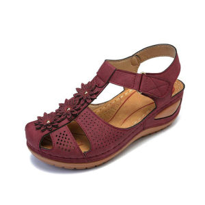 2025 Summer Large Size Closed-Toe Wedge Heel Floral Hollow Sandals For Outdoor Beach Wear With Velcro Strap Roman Style For Women