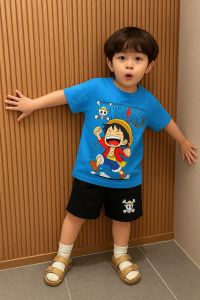 Stelan Baju Anak Laki-Laki Motif One Piece Karakter Monkey D. Luffy Usia 0-10 Tahun Bahan Katun