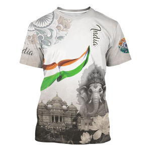 India Flag Print T-shirt Mens Clothing Crewneck Short Sleeve T Shirts 3D Print Elephant Pattern Street Fashion Trend New Tee