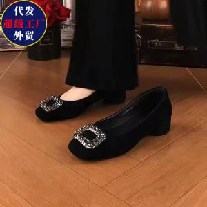 Free Shipping Square-Toe Suede Black Pumps With A Chunky Heel WomenS 2026 Spring/Autumn New Collection Low-Heeled Loafers Soft Leather Flats
