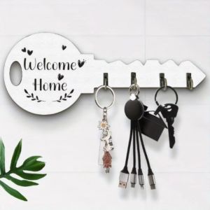 Wood Wooden Key Holder Key Shaped Metal Hooks Wall Key Rack Bohemian Style Rustic Style Key Hook Organizer Entryway Organization
