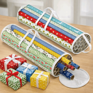 HOUCHU Cylinder Wrapping Paper Storage Bag Large Capacity Transparent Gift Wrap Storage Bag Multipurpose with Handle Zipper Gift Wrapping Roll Organizer Gift Packaging