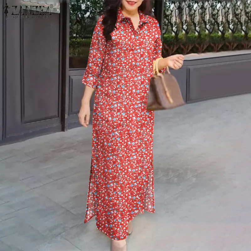 ZANZEA Women Holiday Casual Sleeve Side Split Maxi Dress 3/4 Sleeve Shirt  Collar Printing Retro Dresses #1230