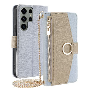 S23 FE Wallet Case for Samsung S23 S22 S21 S20 Ultra Plus S21 FE Flip Cover PU Leather Phone Case with Metal Shoulder Strap