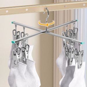 SEKINEW Space Saving 4/8 Clips Drying Rack Windproof Stainless Steel Clothes Drying Rack Portable Swivel Hook Socks Drying Rack Household