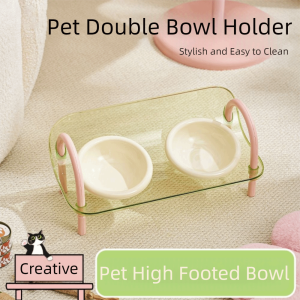 OUTOPEN Double Bowls Pet High Footed Bowl Non-Slip Anti-flip Cat Food Water Bowl Universal Stable Elevated Pet Feeder Bowl for Kitten/Puppy/Bunny
