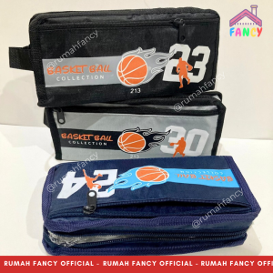 Tempat Pensil / Kotak Pensil 2 RESLETING Motif Basket Ball Bola Basket Bahan Kain HD 213 / Tempat Pensil Anak Laki-laki Cowok Pria Elegan
