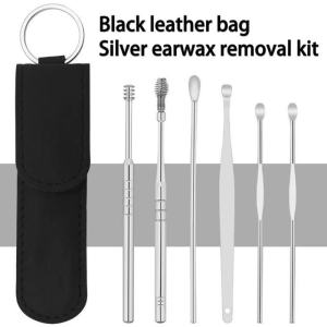 Silver Ear Spoon Stainless Steel 6pcs Set Spiral ear pick earwax cleaner storage leather case