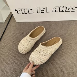 French Mesh Bun Half-Slip Sandals Summer Outdoor Hollow French-Style Sandals Breathable Woven Hollow Out Mesh Flat Bottom Sandals