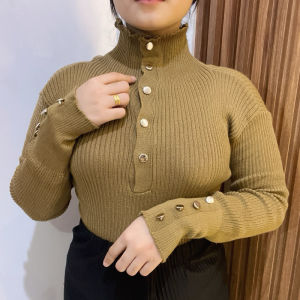 Atasan Knit Wanita Lengan Panjang Kerah Tinggi Kancing Button Inner Dalaman Wanita Turtleneck Lengan Panjan