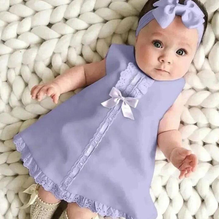 Baby Girls Dress, Sweet A-line Dresses for Newborn Girls, Summer Sleeveless  Round Neck Lace Trim Sweet Dress Headband for Infant Age 0-24 Months