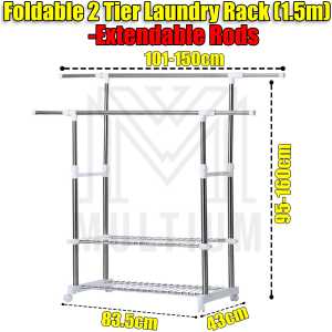 Foldable 1.5m 2 Poles 2 tier Laundry Rack- Clothes Drying Rack Portable Double-Tier Foldable with Wheels Clothes Drying Rack Double Layer Foldable Clothes Airer Adjustable Two-Tier Folding Drying Rack Multifunction Laundry Drying Rack