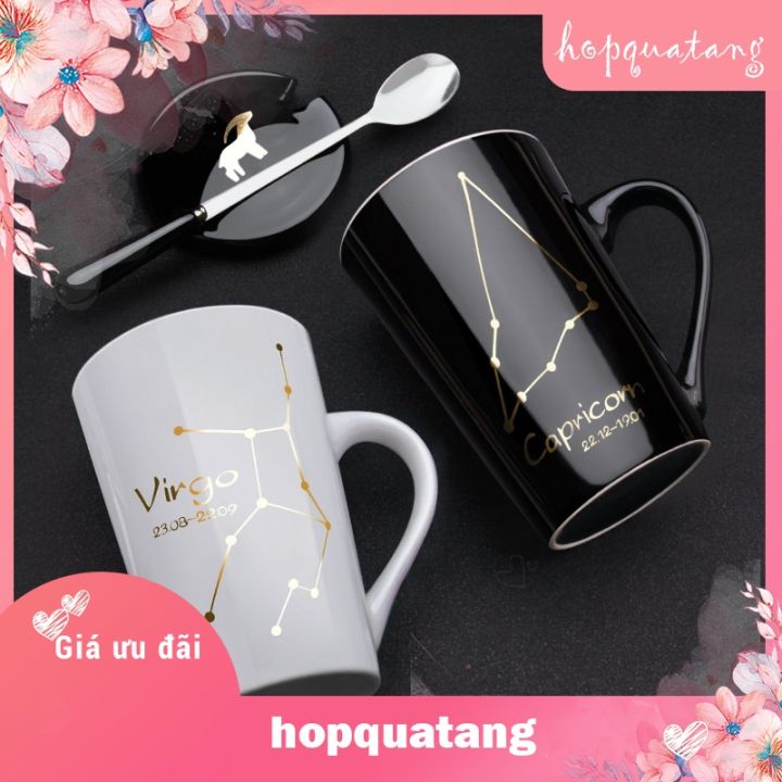 Ly cốc sứ có nắp 12 cung hoàng đạo màu đen và trắng 420 ml | Lazada.vn