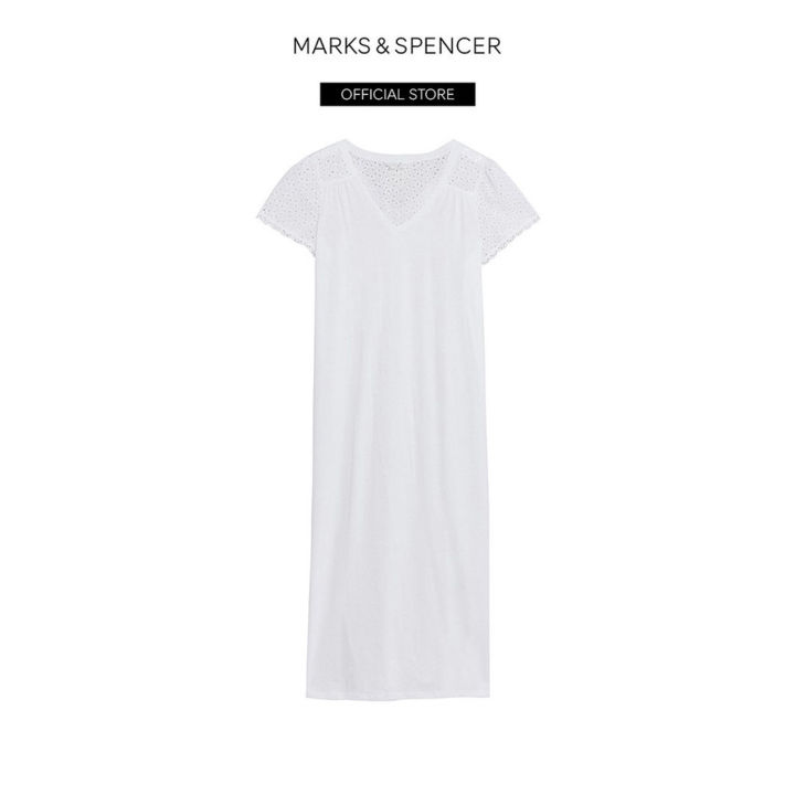 M&S Pure Cotton Broderie Trim Long Nightdress T37/6133N Lazada