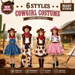 【Fast&Local】6PCS Kids & Adults Western Cowboy Cowgirl Costume Set Fringe Vest Cow Print Skirt Pants Hat Bandana Children Cosplay Outfit for Birthday Halloween Photoshoot Dress