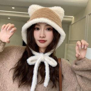 KGASBT Plush Cute Cat Ear Hat Korean Style Warm Faux Fur Bucket Hat Fashion Casual Women Fluffy Hats Winter
