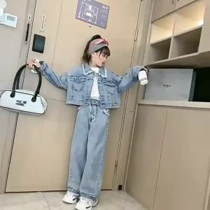 Spring Autumn Girls Clothing Set Jacket & Pants Outfits for Teen 6 8 12 Year Kids Clothes School Childrens Raw Edge Denim Suits
