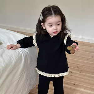 Girls Hooded Sweatshirt Set Spring Baby Girl Clothes Korean Style Childrens Clothing 2026 Spring childrens lace two-piece set