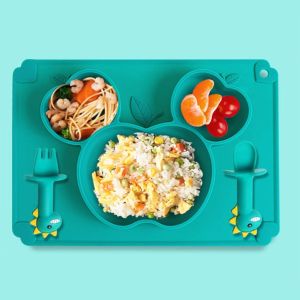 Set of 3 Baby Kid Silicon Strong Suction Tableware Silicone Plate Cutlery Set Food Serving Baby Training Feeding Gift