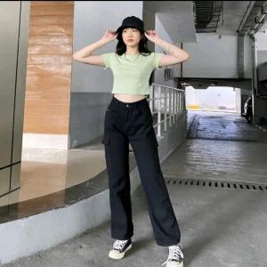 Celana Cargo Jeans Wanita Highwaist Loose Pants Korean Style Hitam Panjang