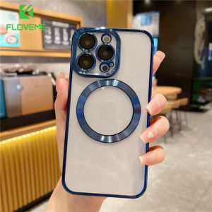 [With Lens Film] FLOVEME Luxury Plating Magnetic Phone Case For iPhone 13 12 11 Pro Max 13 12 Mini X XR XS Max 7 8 Plus Wireless Charging Camera Lens Protection Clear Back Cover