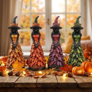 GIORGIONE STORE Leaf Gown Autumn Witch Figurine Vintage Rustic Halloween Witch Statue Water Resistant Whimsical Forest Witch Table Decor Halloween Harvest