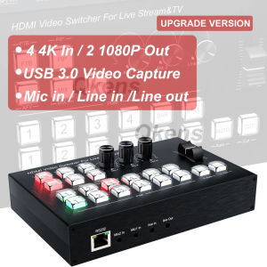 4K 4 Ports HDMI Video Switcher Multi Camera Live Streaming Production Station Audio Mixer Mic Line in Line Out Mixing RS232 PIP PGM PVW