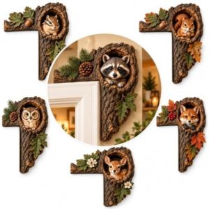 MODERNLUX 2D trang trí cửa hình cây rỗng Chipmunk Gỗ Vân vỏ cây Biển hiệu khung cửa gỗ hình sóc và cú Khung trang trí cửa rỗng hình cây động vật Trang trí góc cửa hình động vật