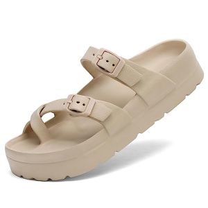 Shevalues Women Summer Platform Sandals Soft Comfort Slides Women Beach Sandals Thick Soles Flat Sandals With Adjustable Buckle