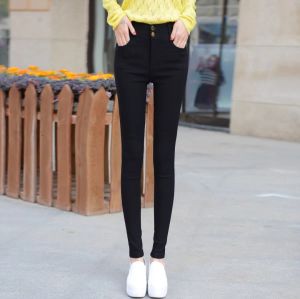 Quần Kaki Skinny Dài Nữ Hàng Co Giãn Lưng Cao 2 Nút Màu Đen
