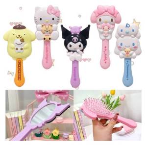 Kawaii Sanrio Kuromi Melody Pudding Kitty อะนิเมะนวดแบบพกพาหวีถุงลมนิรภัยกระจกมือถือกระจกแต่งหน้าหวีผม  toyของขวัญสำหรับเด็ก ef toy