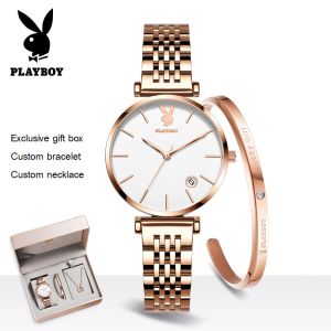 นาฬิกาสำหรับชุดสตรีกันน้ำของแท้2023ดีไซน์ใหม่แสดงวันที่สีโรสโกลด์สายสแตนเลส