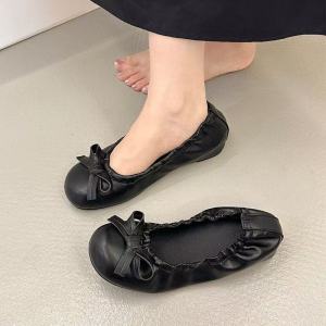 Free Shipping Sweet-Style Bow And Ruffled Shallow-Toe Flats For Women 2026 Autumn New Collection Versatile Ballet Flats
