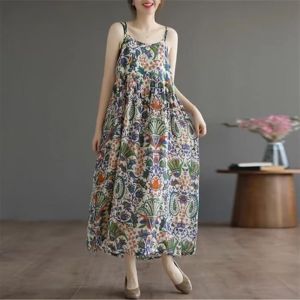 Fashion Summer Style Romantic Dress Womens Casual Printed Sleeveless Dress Plus Size Bohemian Beach Vacation Suspender Maxi Dress 4010