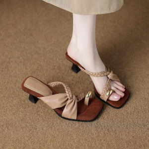 [Free Shipping] 2026 Summer New Fashion Square-Toe Rhinestone Slip-On One-Strap Sandals with Pleated Weave and Patchwork High-Heel Slippers for Women