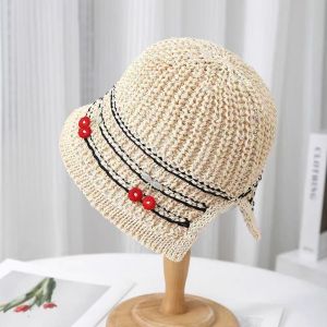 GOUPDO Vành rộng Mũ Rơm Chống nắng Anh đào Mũ dệt Thời trang Có thể gấp lại Mũ chống nắng Bãi biển ven biển