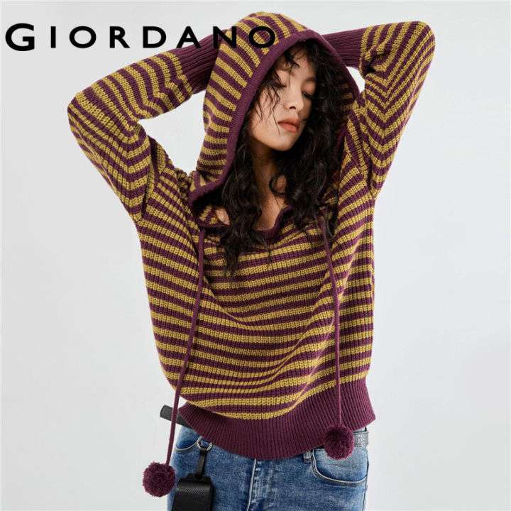 GIORDANO Women Sweaters Big Hood Chunky Warm Knit Hoodies Simple Stripe  Soft Fashion Casual Loose Hooded Sweaters 18353920