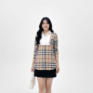 SJM KEMEJA KASUAL WANITA BAHAN KATUN POPLIN KOMBINASI KATUN SALUR IMPORT LENGAN PANJANG 710 kotak 707 678