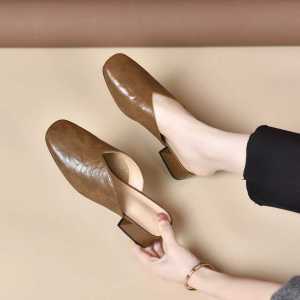 Square Toe Vintage Toe Semi-slippers for Women To Wear Fashion Summer Fitting Shoes Block Heel Low Heel Mules