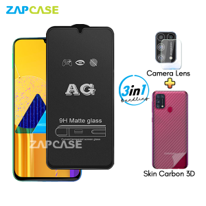 Samsung M31 M21 M30s PAKET 3in1 Tempered Glass Anti Glare Free Camera Lens dan Skin Carbon