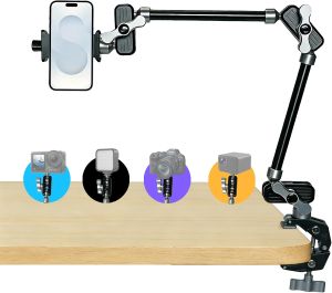 GEEKOTO 22" Magic Arm Overhead Phone Mount with 360Dual Ball Head CNC Aluminum Desk Camera Mount for Photography & Content Creation Camera Phone HolderFilming Action Camera LED Light Webcam