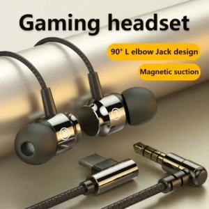 3.5mm / Type-c wired headphones L-shaped structure 90 degree bass heavy magnetic in-ear headphones with HIFI Mic for listening to music.