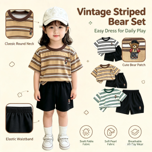 AILEBE Kids Sets Vintage Bear Print Striped Short Sleeve Top Shorts Set Soft Breathable Pearl Fabric All-Year PH Wear Round Neck Easy Dress Elastic Waist Comfy Pambahay OOTD For Baby Boys Girls 0-9 Years Great For Daily Play