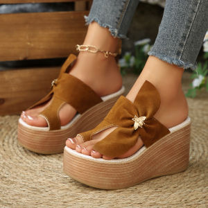 Free Shipping Plus-Size WomenS Suede Slip-On Wedge Sandals With Metal Buckle Bow And Thick Platform Sole Perfect For The Beach