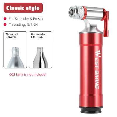 WEST BIKING Bicycle CO2 Pump With Gauge MTB Road Folding BIke Air Pump CNC Aluminum Schrader Presta Inflator Protable E-bike Ball Tool Pump Bicycle Accessories