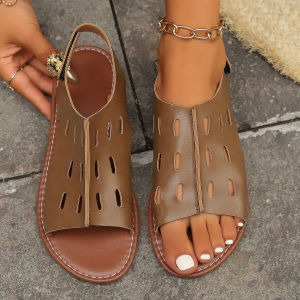 [Free Shipping] Spring And Summer Flat Hollow Sandals For Women Casual Slip-On Sandals With Velcro And Stitching