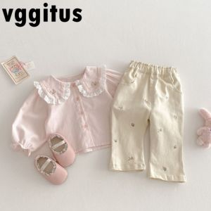 Korean Style Spring Autumn Kids Girls Sets Embroidery Jeans Bell Bottom Pants Childrens Solid Color Lace Bottomed Shirts B50962026