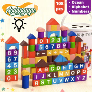Aoduoyaya Wooden Building Blocks Set with Numbers & Letters Educational Block Bucket for Kids Early Learning