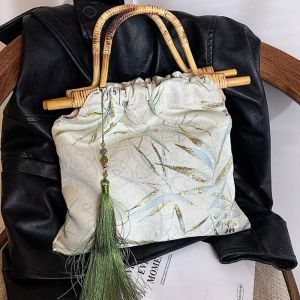 ELLIER Wooden New Chinese Style Handbag Embroidery Printed Hanfu Bucket Bag Simple Cloth Bag Rattan Weave Bag Women